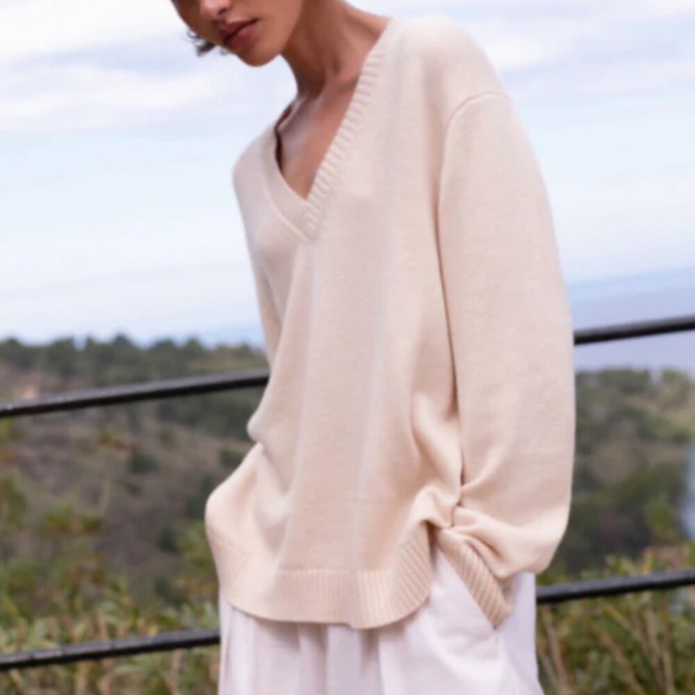 Jenni Kayne Simone V-Neck Sweater XS/S/M Ivory Off White Wool Quiet Lux